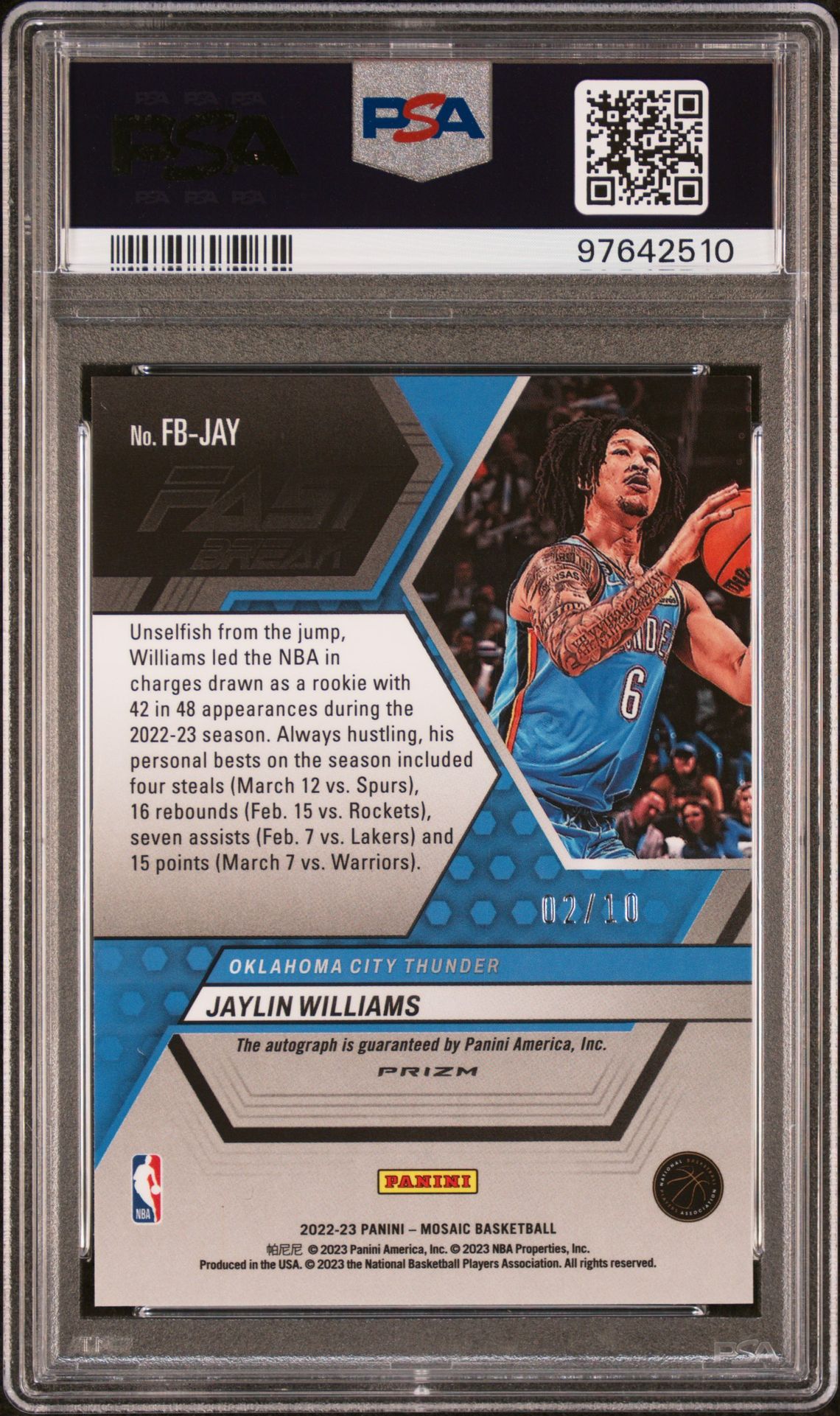 2022 Panini Mosaic Autographs Fast Break Jaylin Williams #Fbjay (Autographs Fast Break-Gold) Mint 9 back