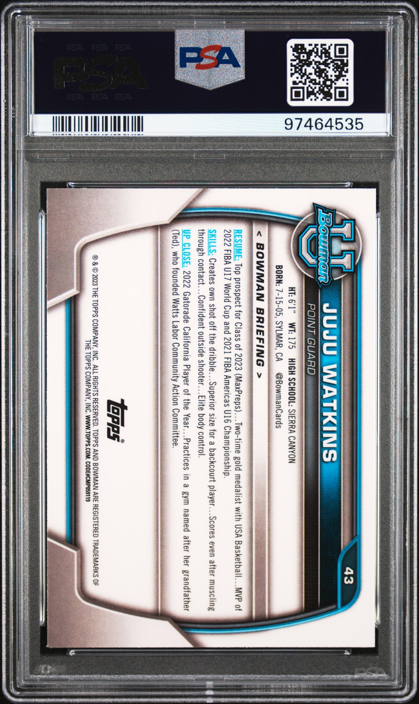 2022 Bowman Chrome University Juju Watkins #43 Mint 9 back