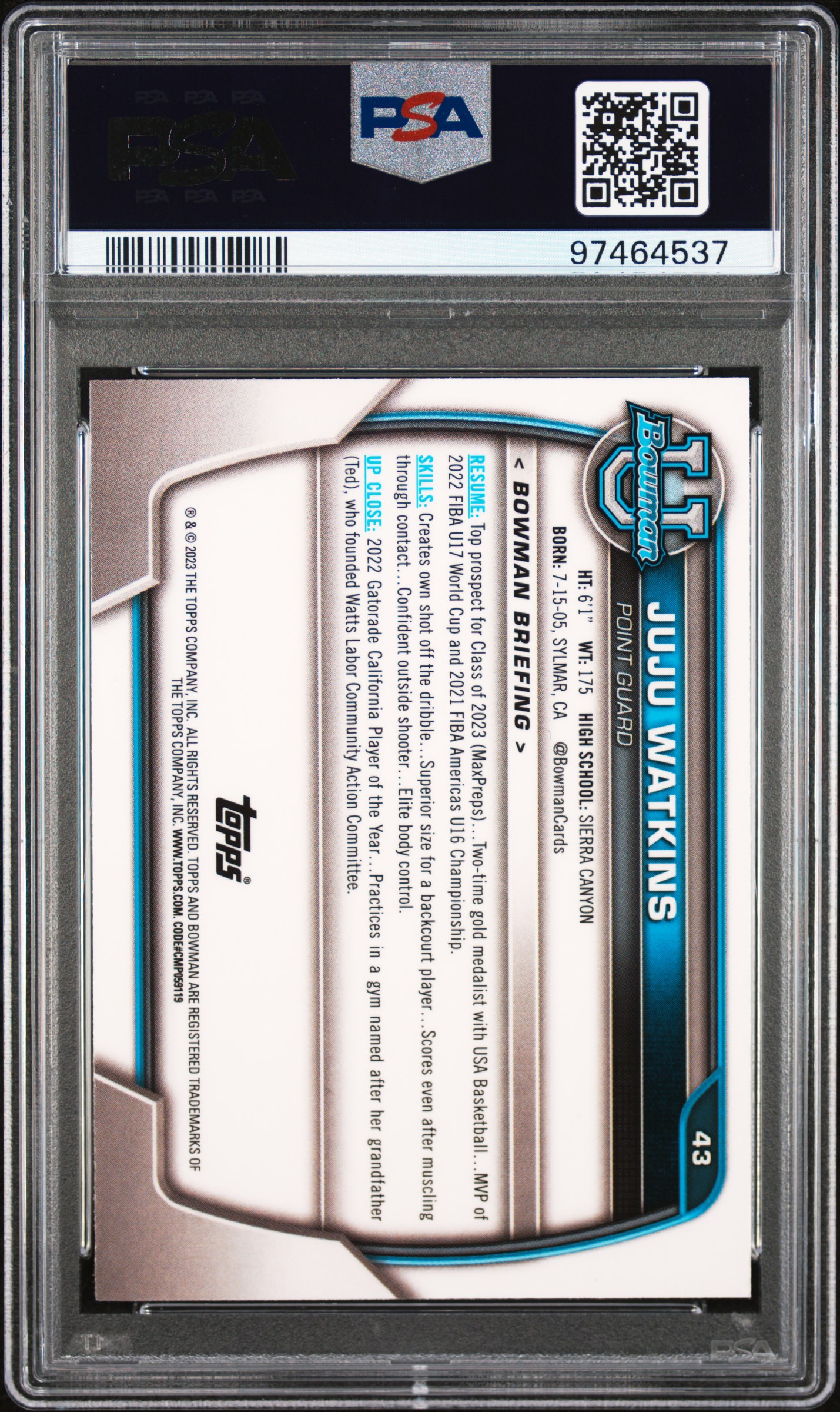 2022 Bowman Chrome University Juju Watkins #43 Nm-Mt 8 back