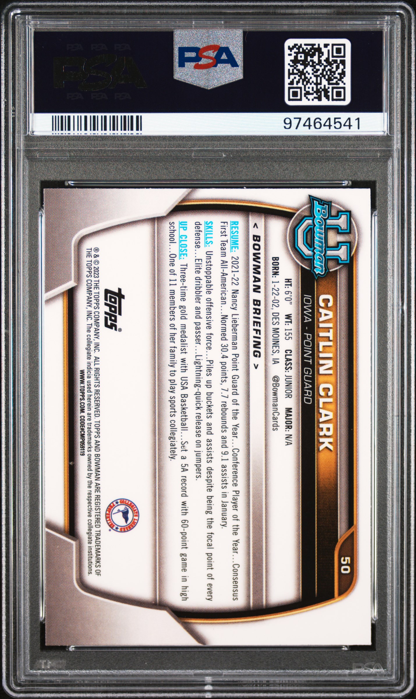 2022 Bowman Chrome University Caitlin Clark #50 Mint 9 back