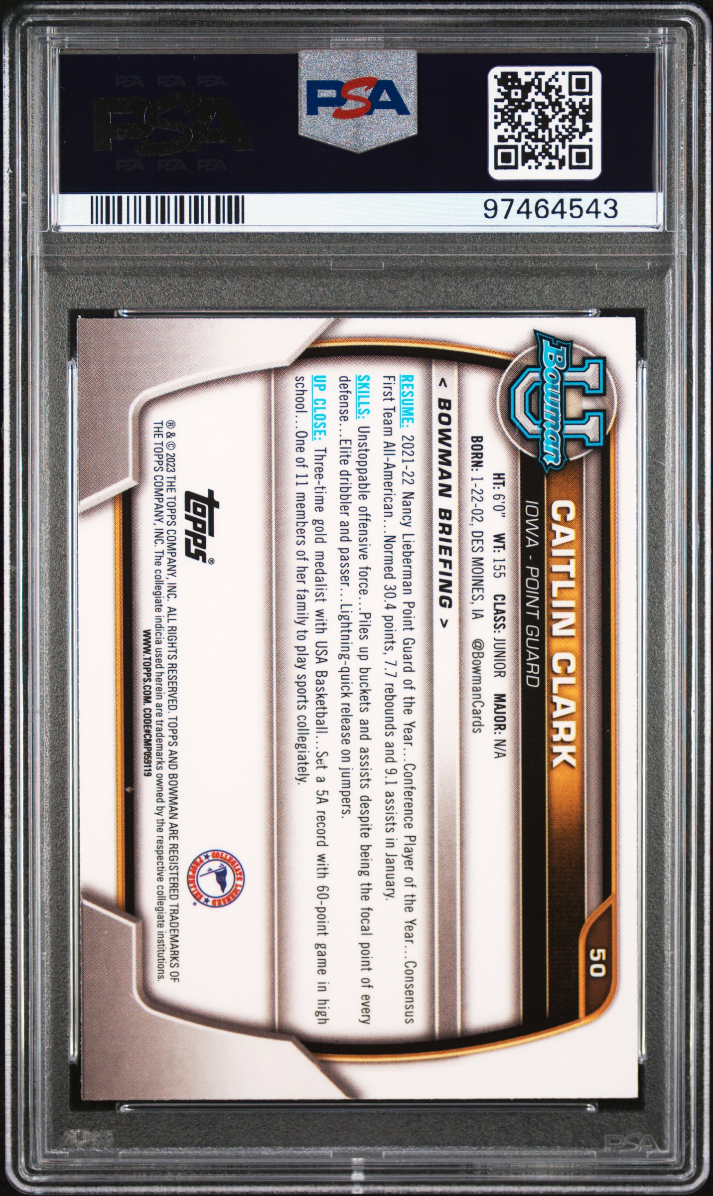 2022 Bowman Chrome University Caitlin Clark #50 Mint 9 back