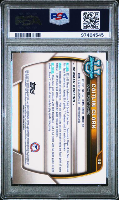 2022 Bowman Chrome University Caitlin Clark #50 Mint 9 back