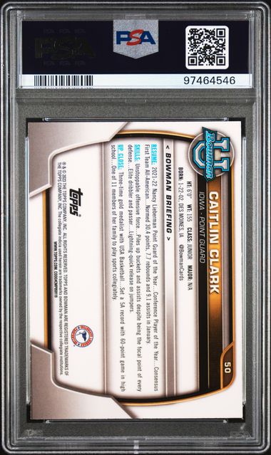 2022 Bowman Chrome University Caitlin Clark #50 Mint 9 back