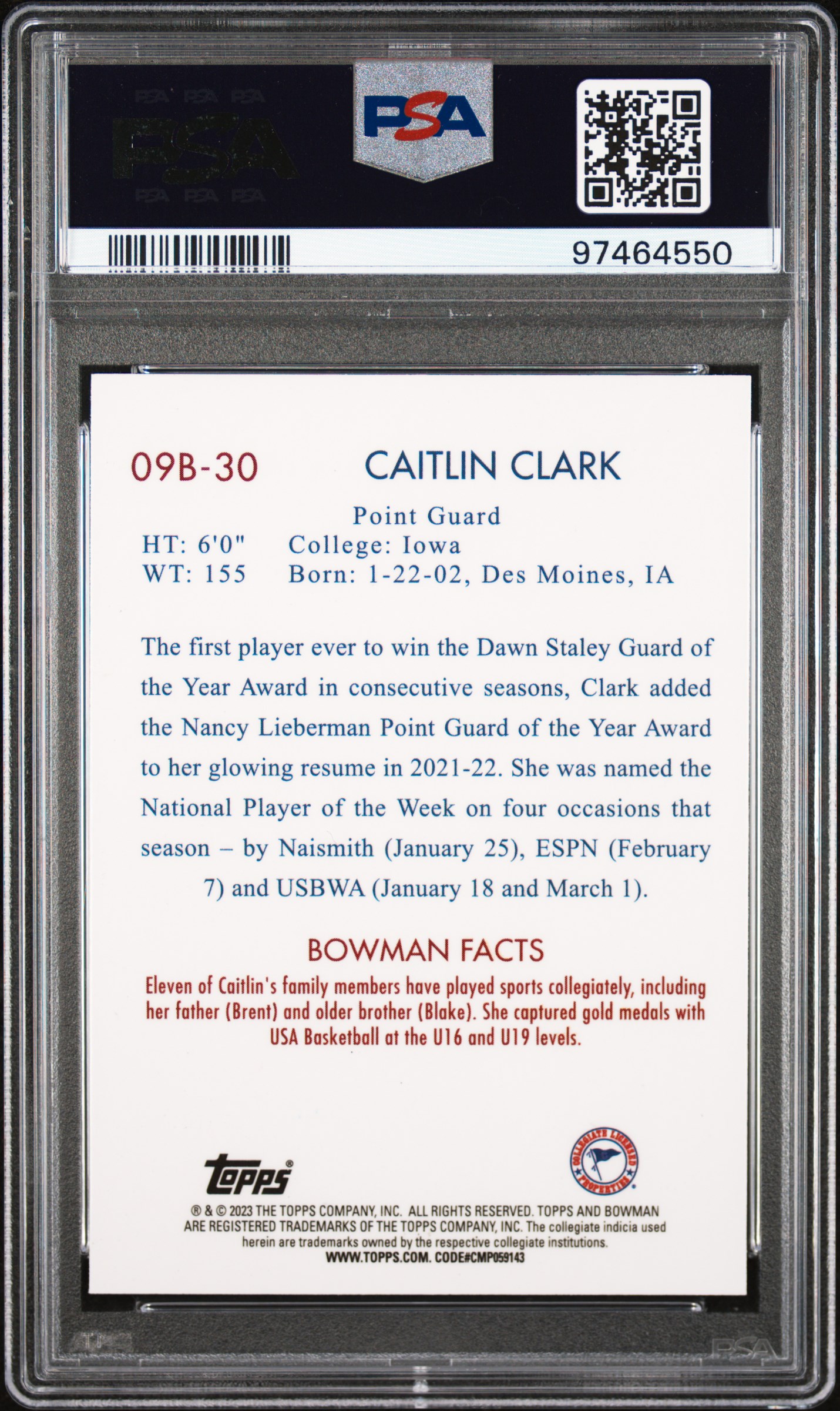 2022 Bowman Chrome University 2009 Bowman Caitlin Clark #09B30 (2009 Bowman) Mint 9 back