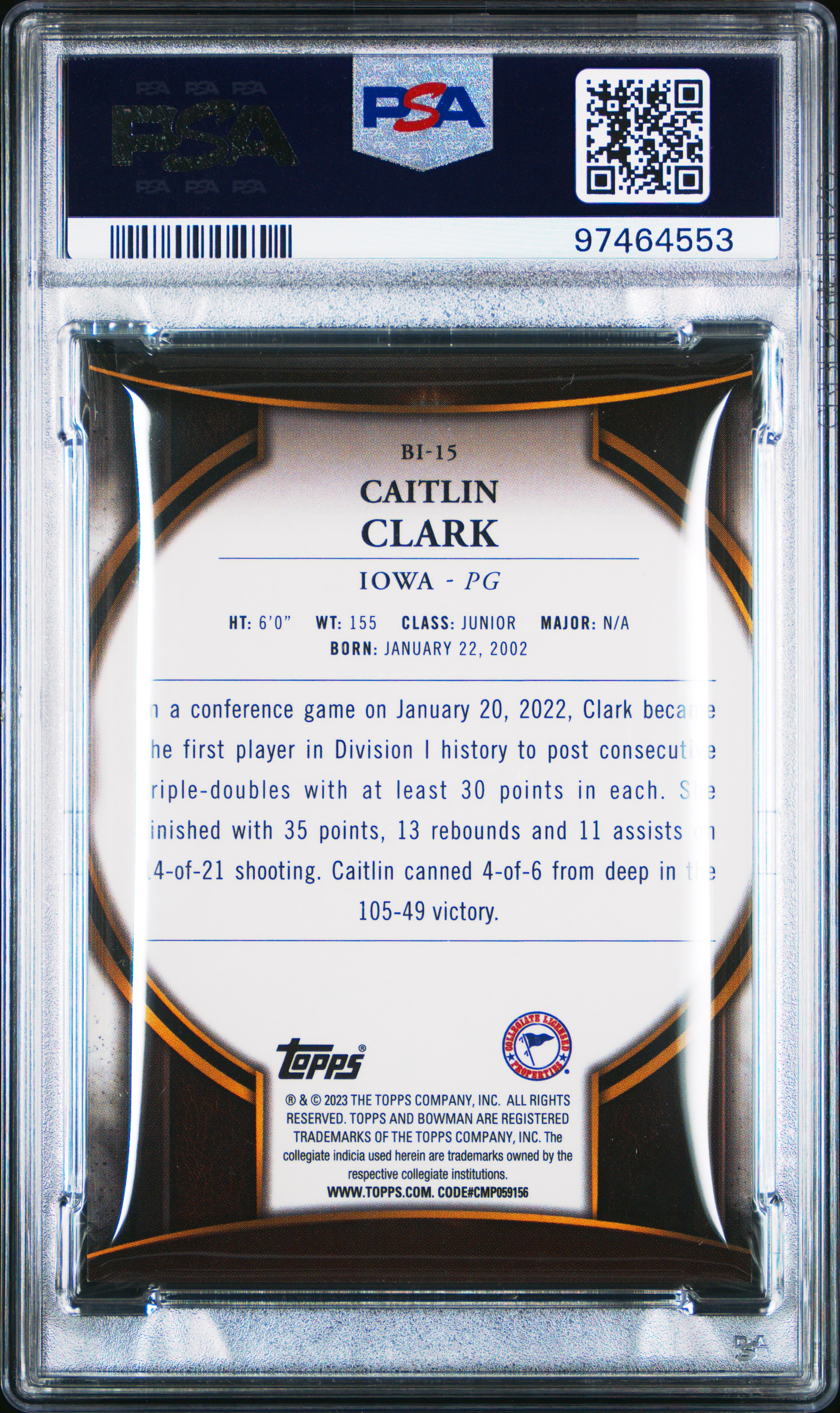 2022 Bowman Chrome University Bowman Invicta Caitlin Clark #Bi15 (Bowman Invicta) Mint 9 back