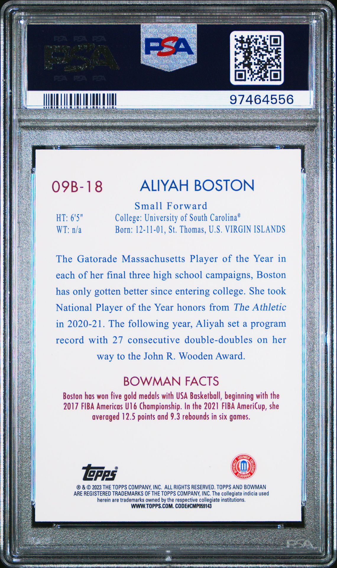2022 Bowman Chrome University 2009 Bowman Aliyah Boston #09B18 (2009 Bowman) Mint 9 back