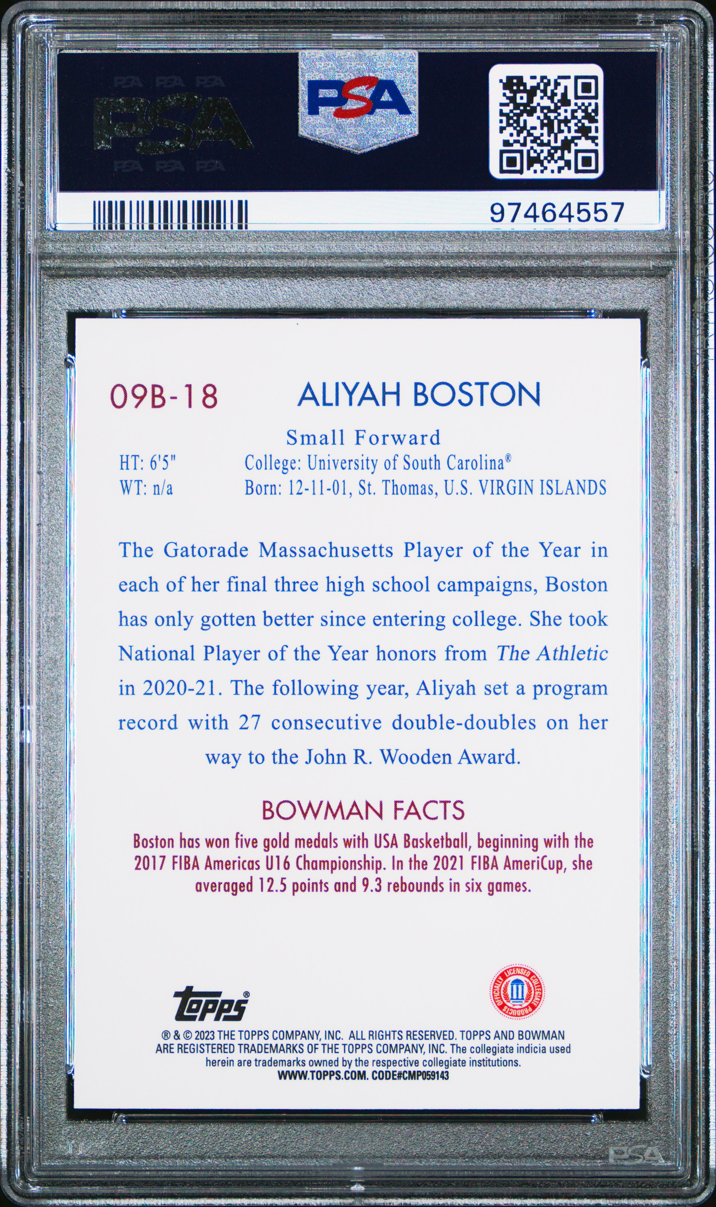 2022 Bowman Chrome University 2009 Bowman Aliyah Boston #09B18 (2009 Bowman) Mint 9 back