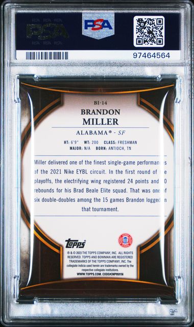 2022 Bowman Chrome University Bowman Invicta Brandon Miller #Bi14 (Bowman Invicta) Mint 9 back