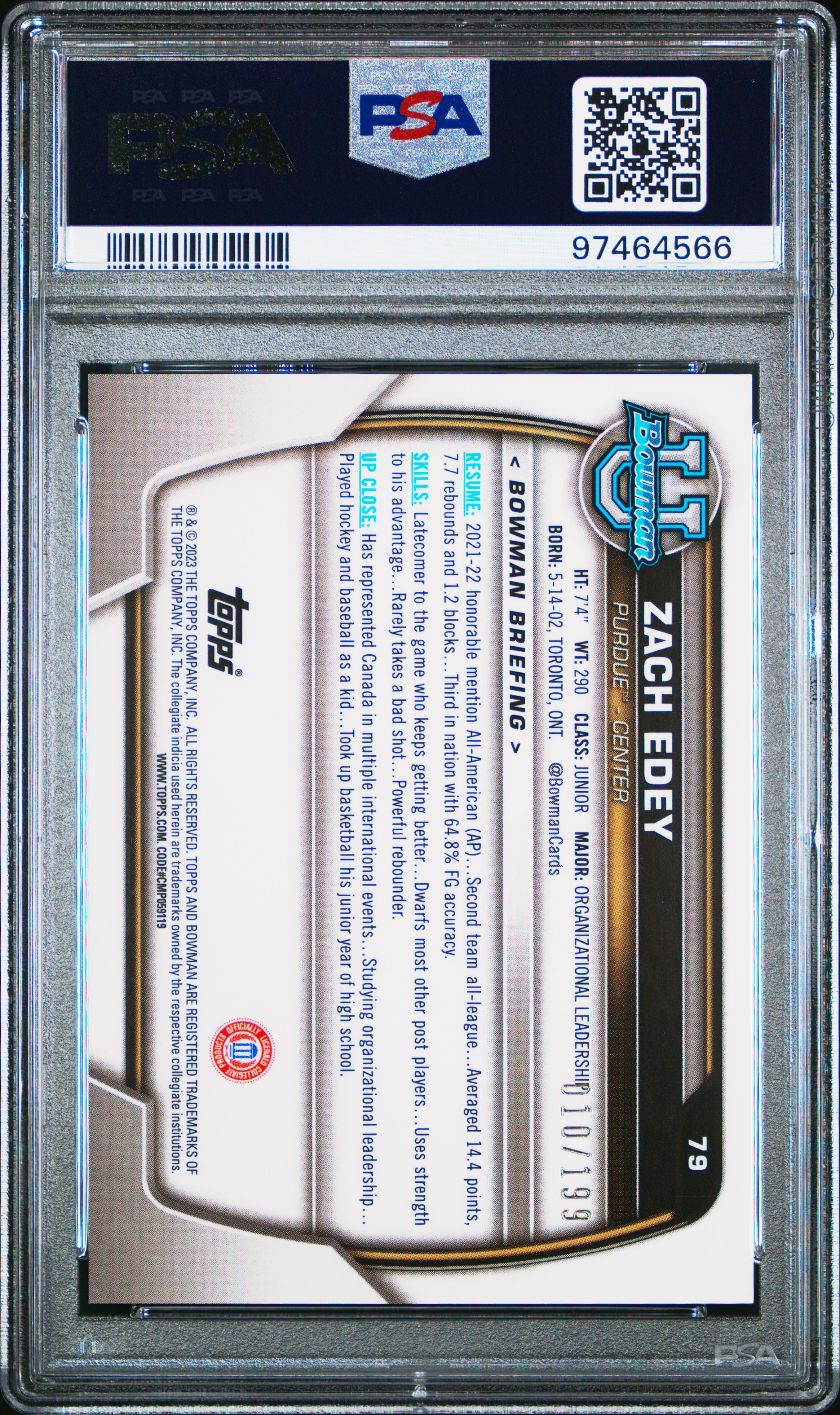 2022 Bowman Chrome University Zach Edey #79 (Blue Refractor) Gem Mt 10 back