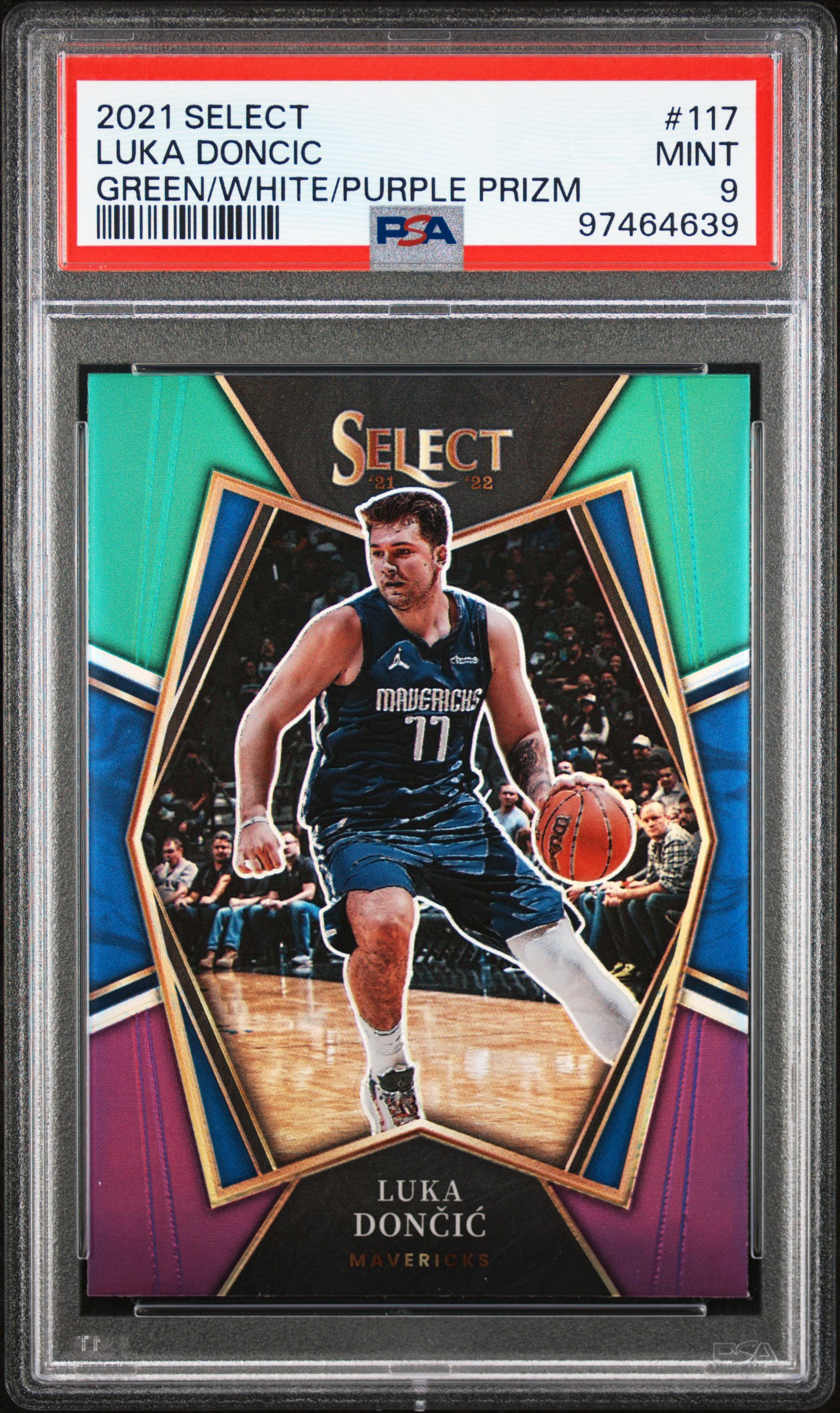 2021 Panini Select Luka Doncic #117 (Green/White/Purple Prizm) Mint 9 front