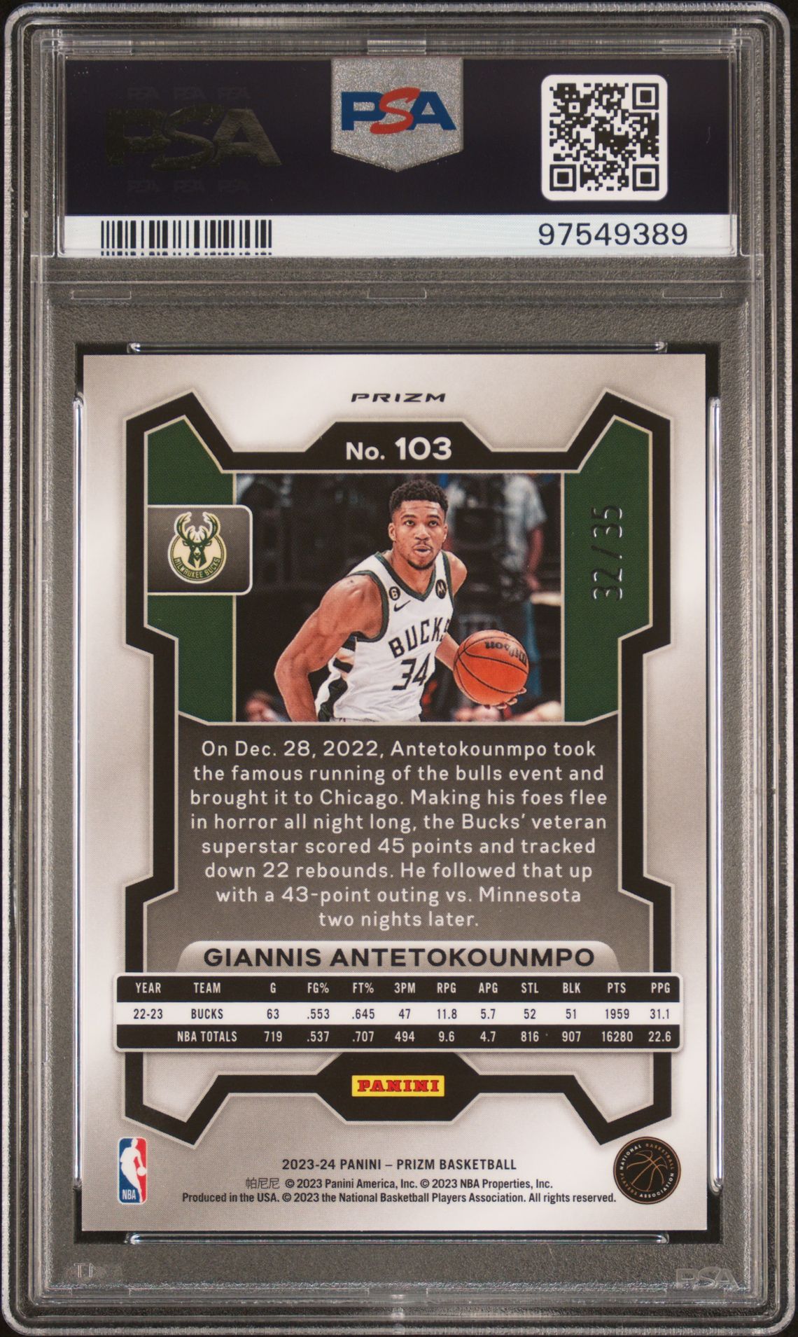 2023 Panini Prizm Giannis Antetokounmpo #103 (Purple Pulsar) Gem Mt 10 back