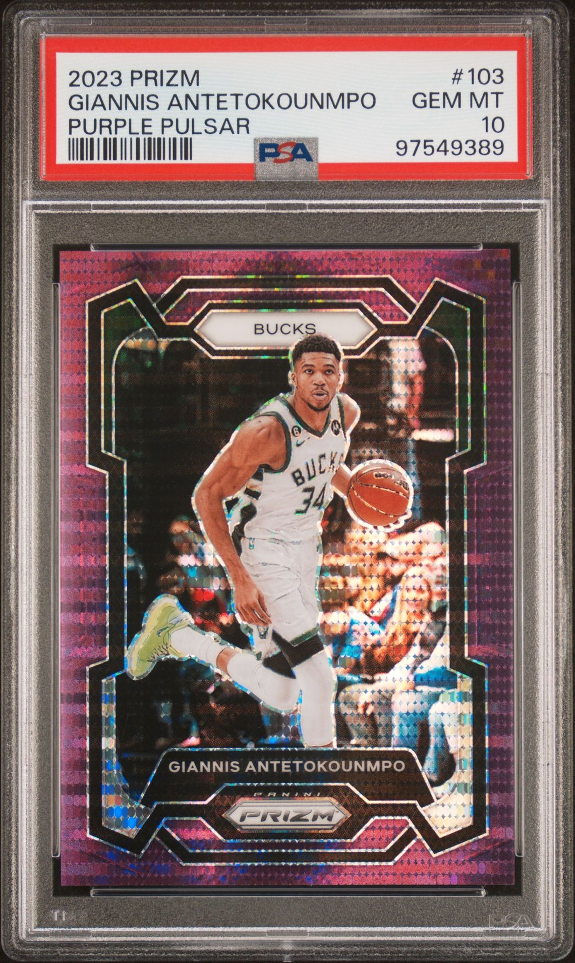 2023 Panini Prizm Giannis Antetokounmpo #103 (Purple Pulsar) Gem Mt 10 front