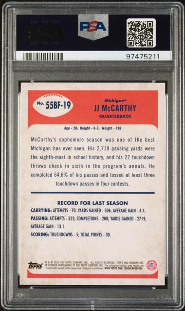 2023 Bowman University Chrome 1955 Bowman Jj Mccarthy #55Bf19 Gem Mt 10 back