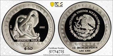 1992-Mo 50 Peso Guerrero Aguila PR69DCAM
