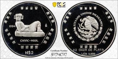 1994-Mo 2 Peso Chaac Mool KM-573  Ag PR68DCAM