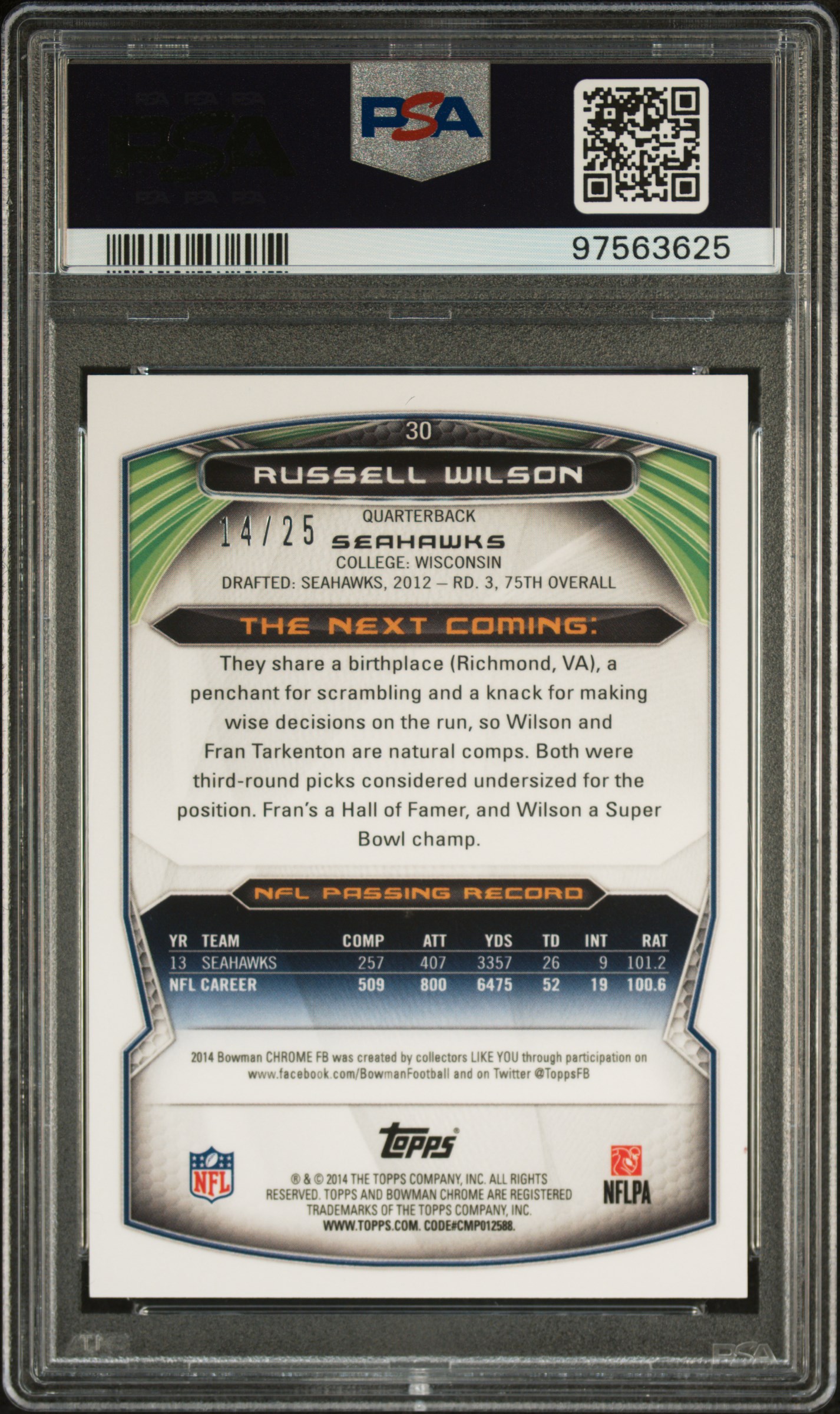 2014 Bowman Chrome Russell Wilson #30 (Red Refractor) Mint 9 back