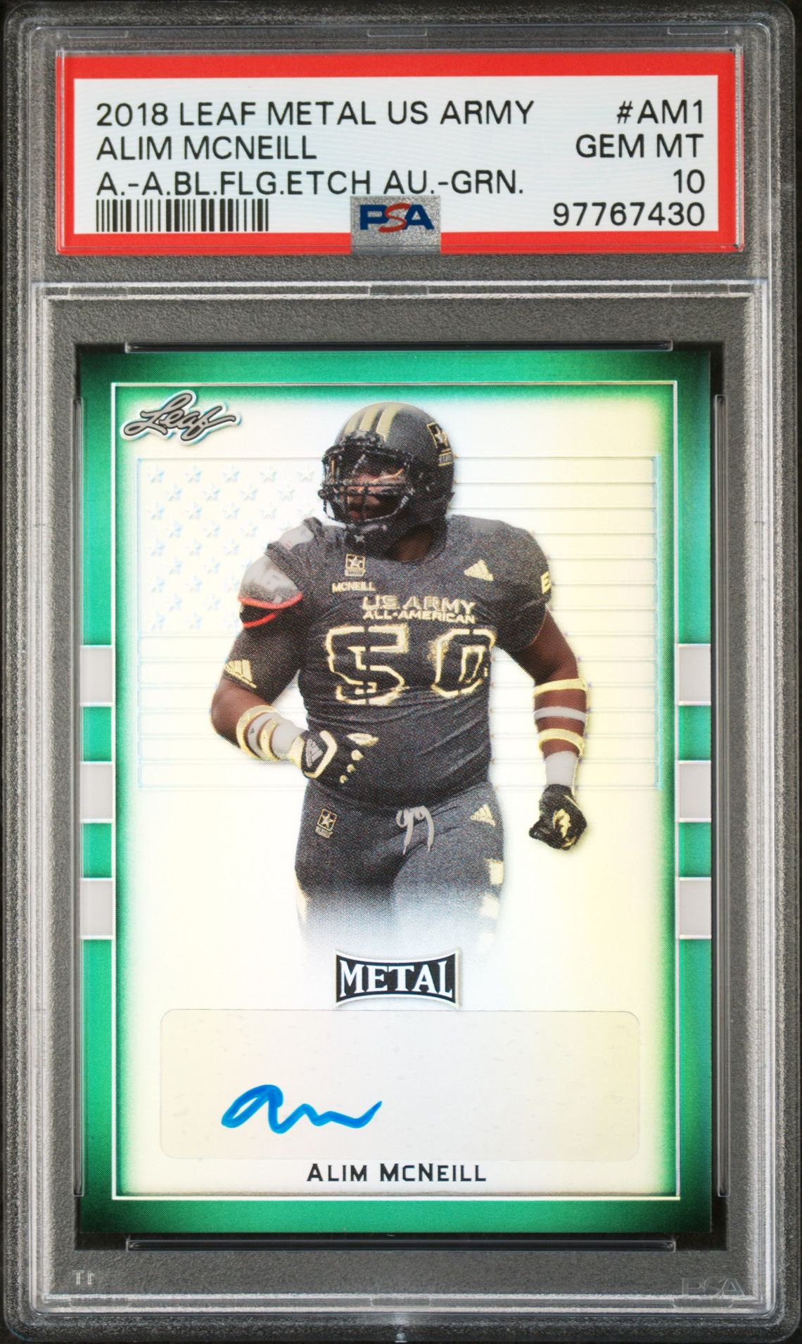 2018 Leaf LEAF METAL US ARMY ALL-AMERICAN BOWL FLAG ETCH AUTOGRAPHS A.-A.BL.FLG.ETCH AU.-GRN. #AM1 Alim Mcneill front