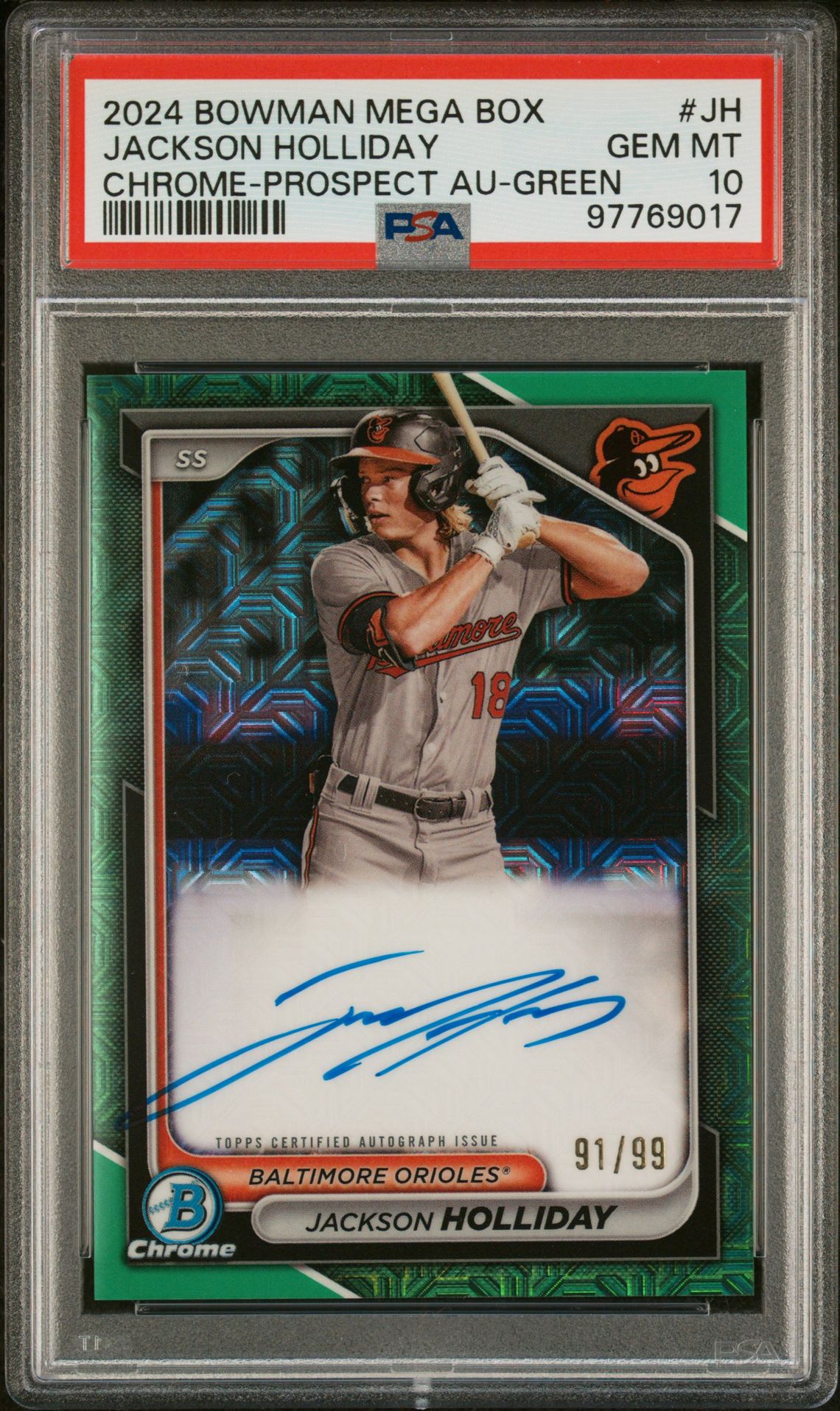 2024 Bowman Mega Box Chrome Bowman Prospect Mega Autographs Jackson Holliday #Jh (Chr-Prospect Au-Green Ref) Gem Mt 10 front