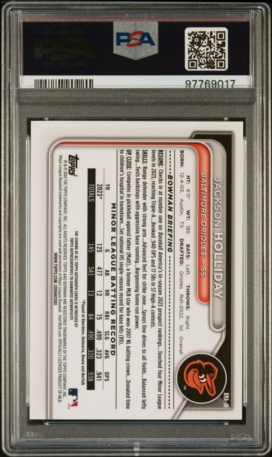 2024 Bowman Mega Box Chrome Bowman Prospect Mega Autographs Jackson Holliday #Jh (Chr-Prospect Au-Green Ref) Gem Mt 10 back