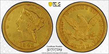 1843-D $5 Small D N1