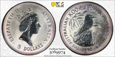 1990 $5 Kookaburra Ag MS69