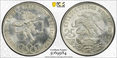 1968-Mo 25 Peso Olympic KM-479.1 Rings Align, Straight Tongue MS66