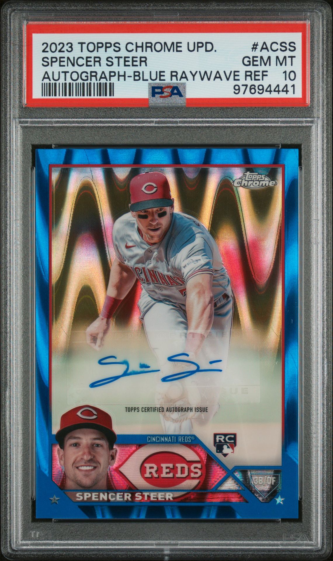 2023 Topps TOPPS CHROME UPDATE AUTOGRAPH BLUE RAYWAVE REF #ACSS Spencer Steer front