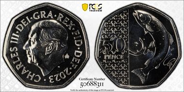 2023 50p Atlantic Salmon with Crown Privy MS65