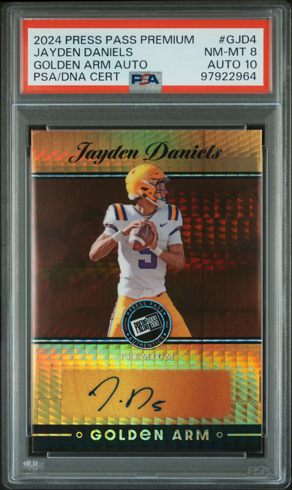 2024 Leaf LEAF PRESS PASS PREMIUM GOLDEN ARM AUTOGRAPHS #GJD4 Jayden Daniels front