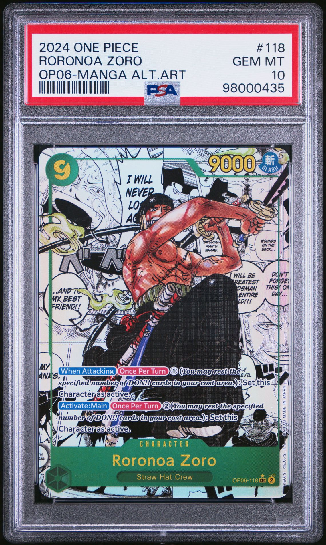 2024 One Piece Op06-Wings Of The Captain Roronoa Zoro #118 (Manga Alternate Art) Gem Mt 10 front