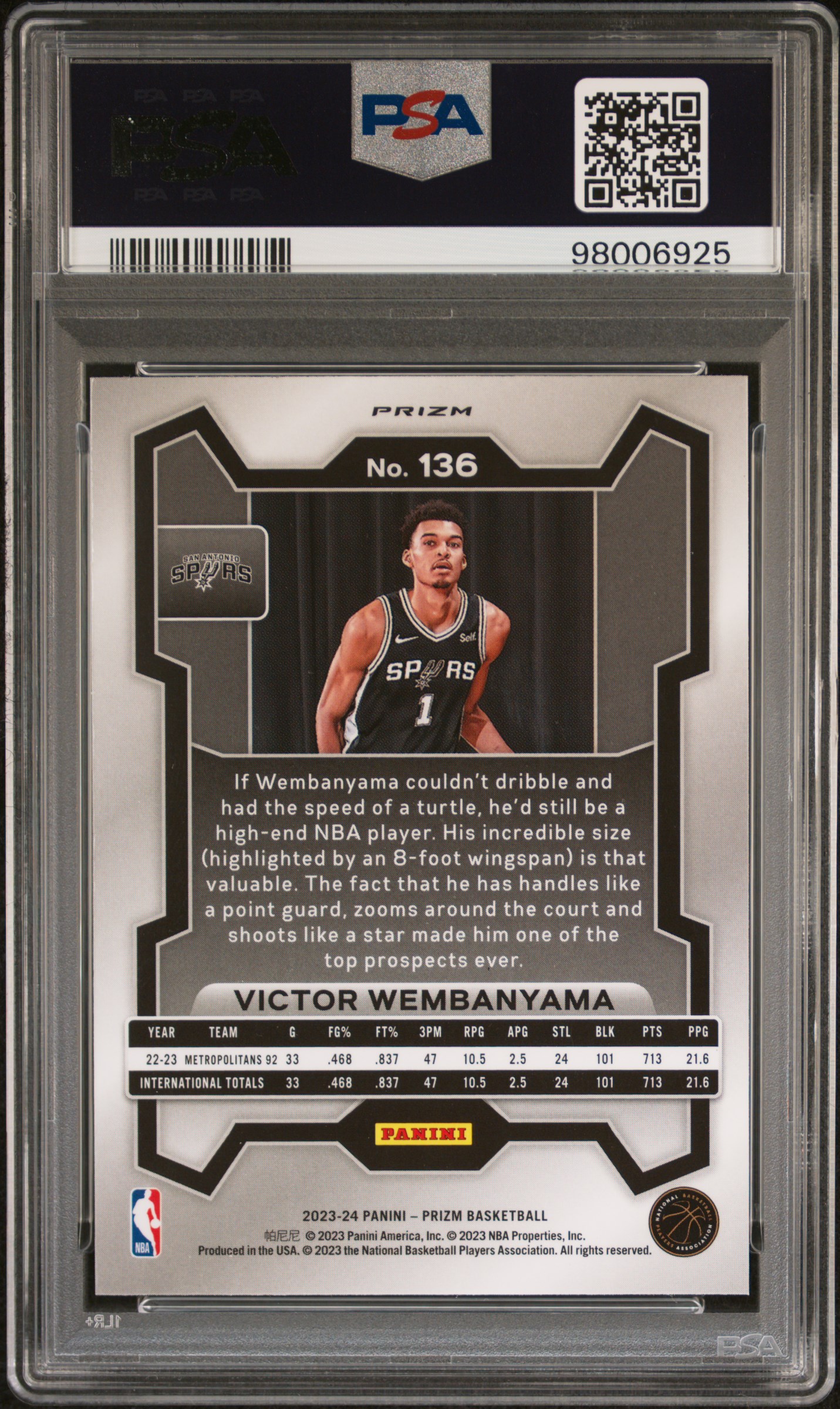 2023 Panini Prizm Victor Wembanyama #136 (Red White Blue) Mint 9 back