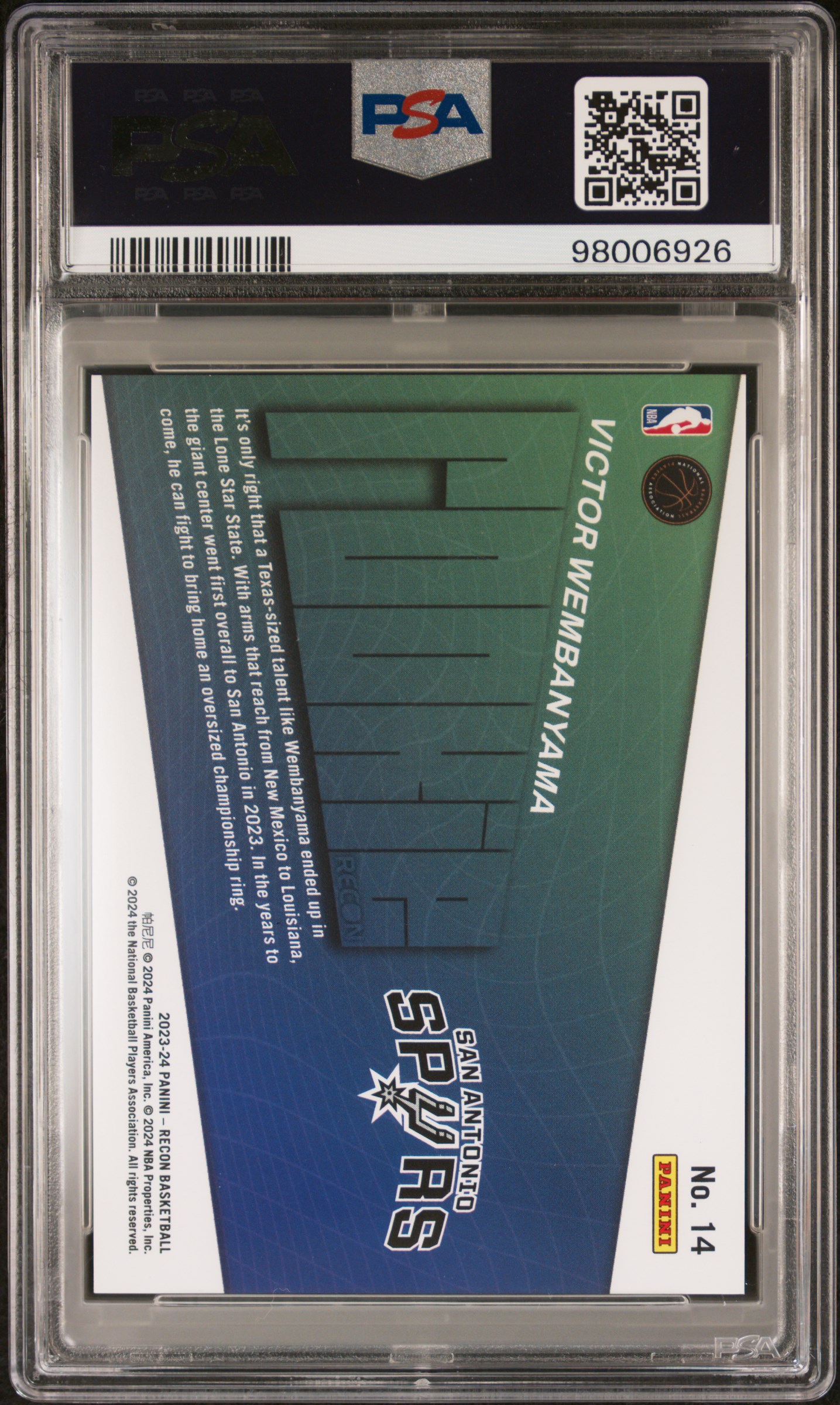 2023 Panini Recon Rookie Recon Victor Wembanyama #14 Gem Mt 10 back