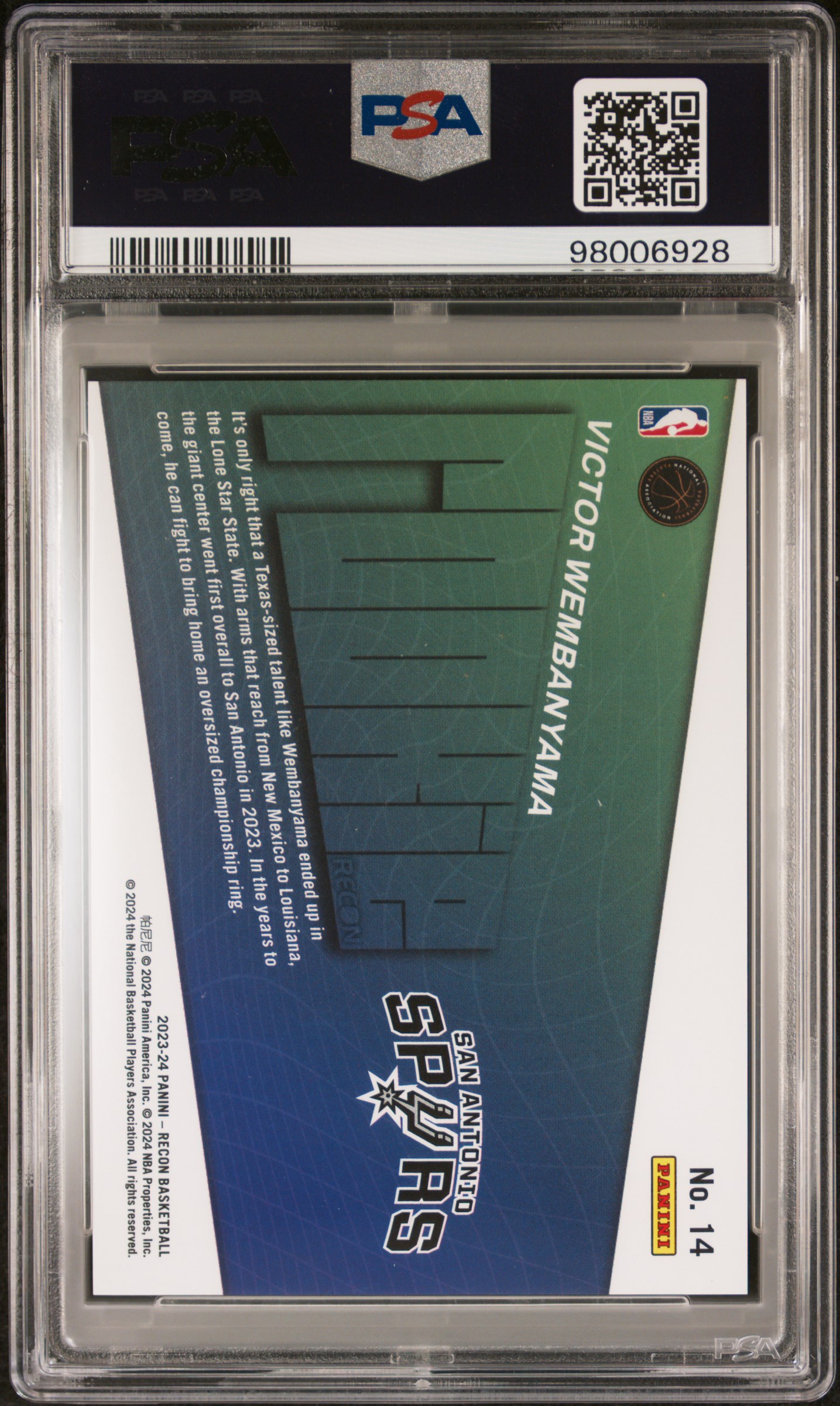 2023 Panini Recon Rookie Recon Victor Wembanyama #14 Gem Mt 10 back