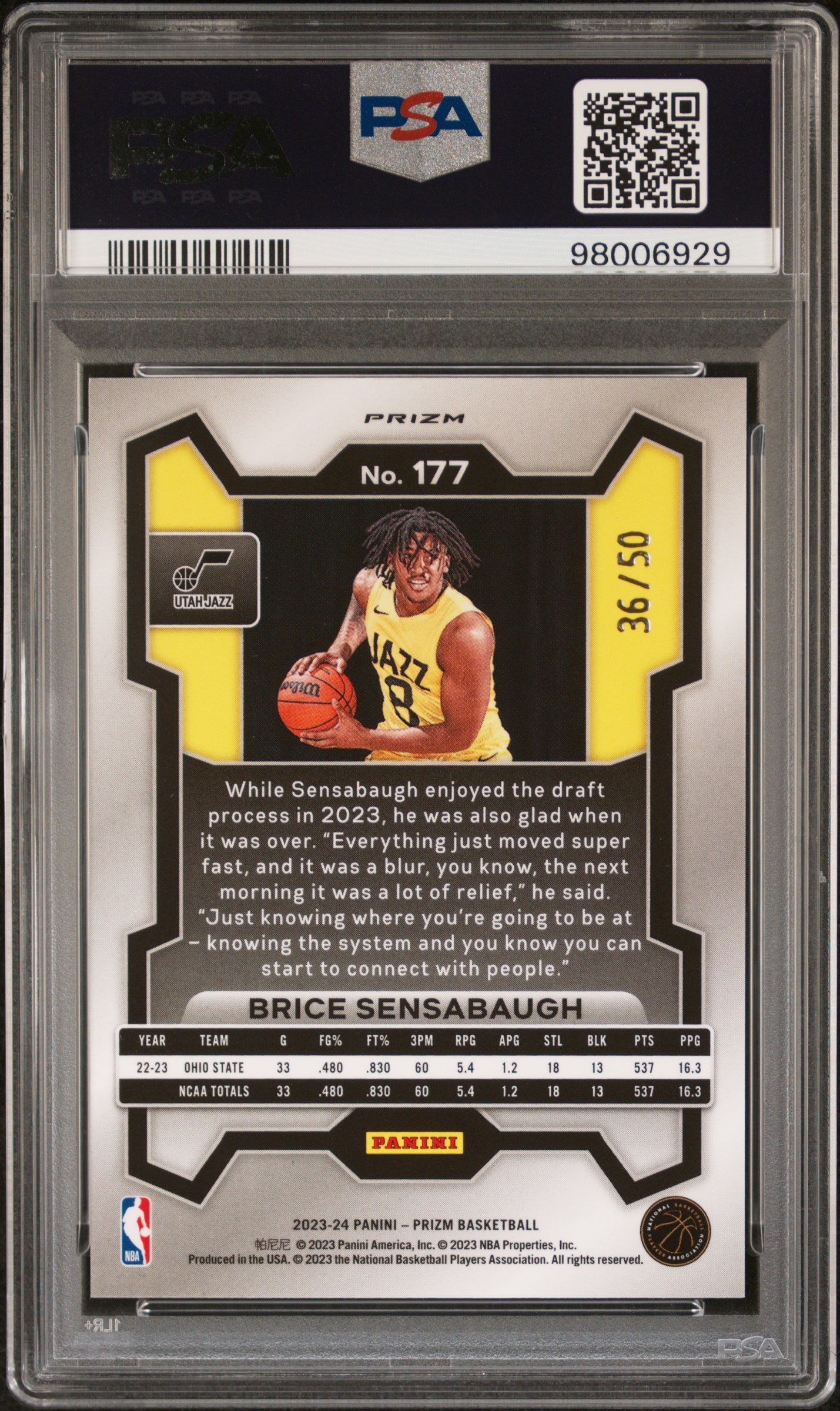 2023 Panini Prizm Brice Sensabaugh #177 (Pink Fast Break) Gem Mt 10 back