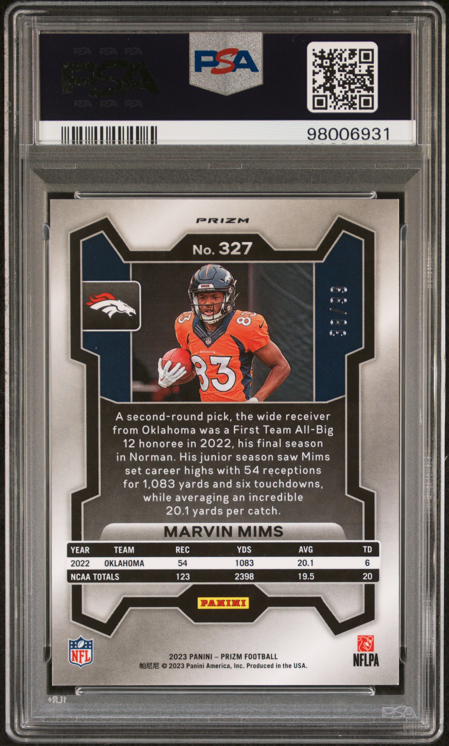 2023 Panini Prizm Marvin Mims #327 (Blue Ice) Gem Mt 10 back