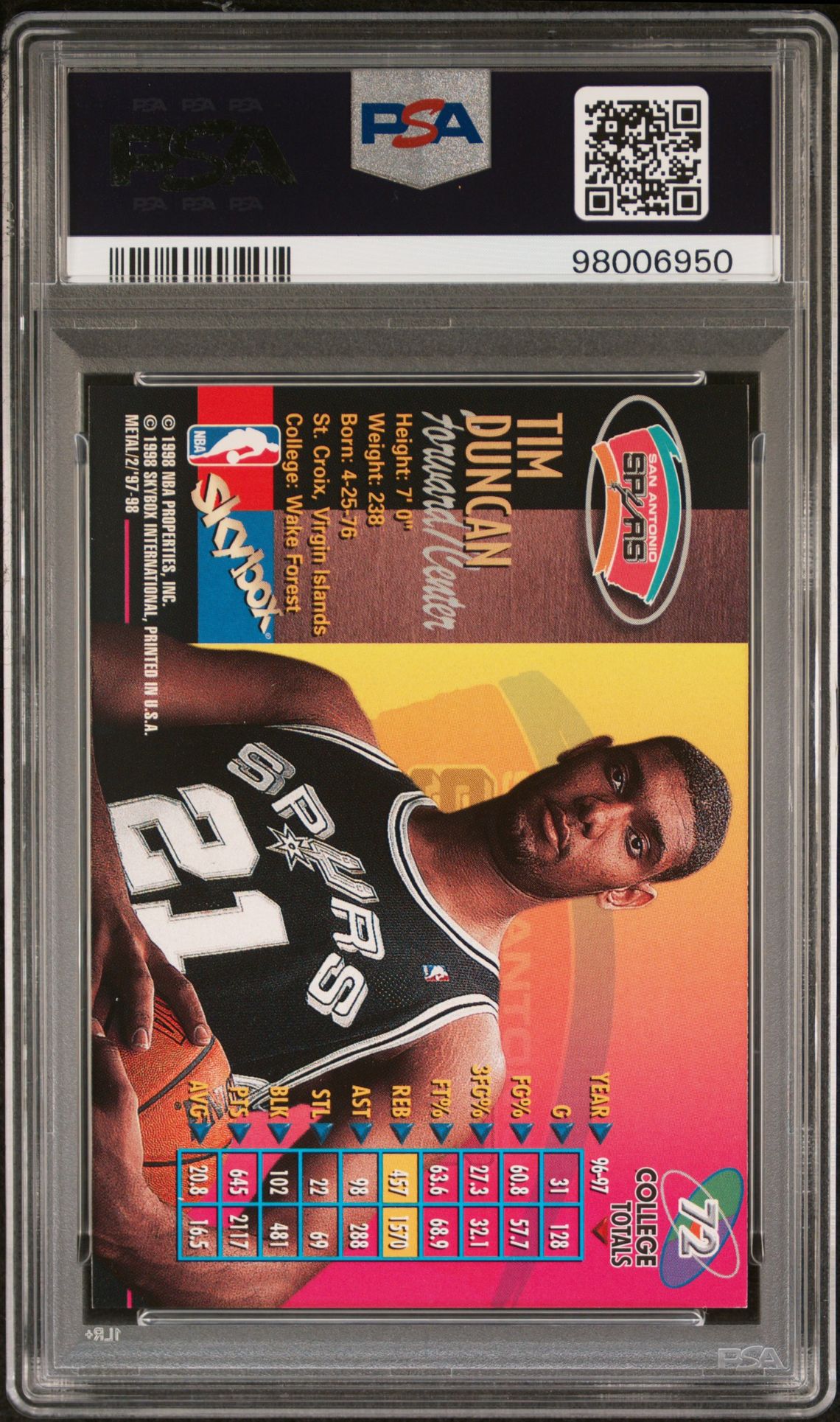 1997 Metal Universe Championship Tim Duncan #72 (Championship) Nm-Mt 8 back