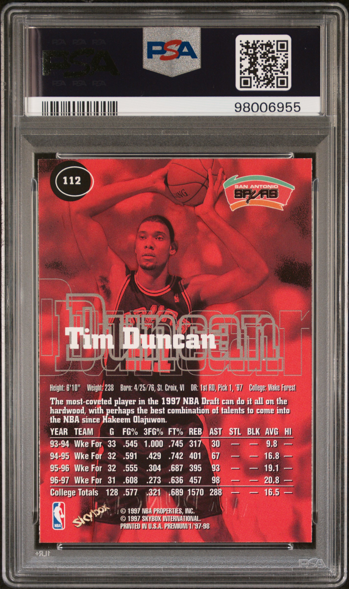 1997 Skybox Premium Tim Duncan #112 Mint 9 back