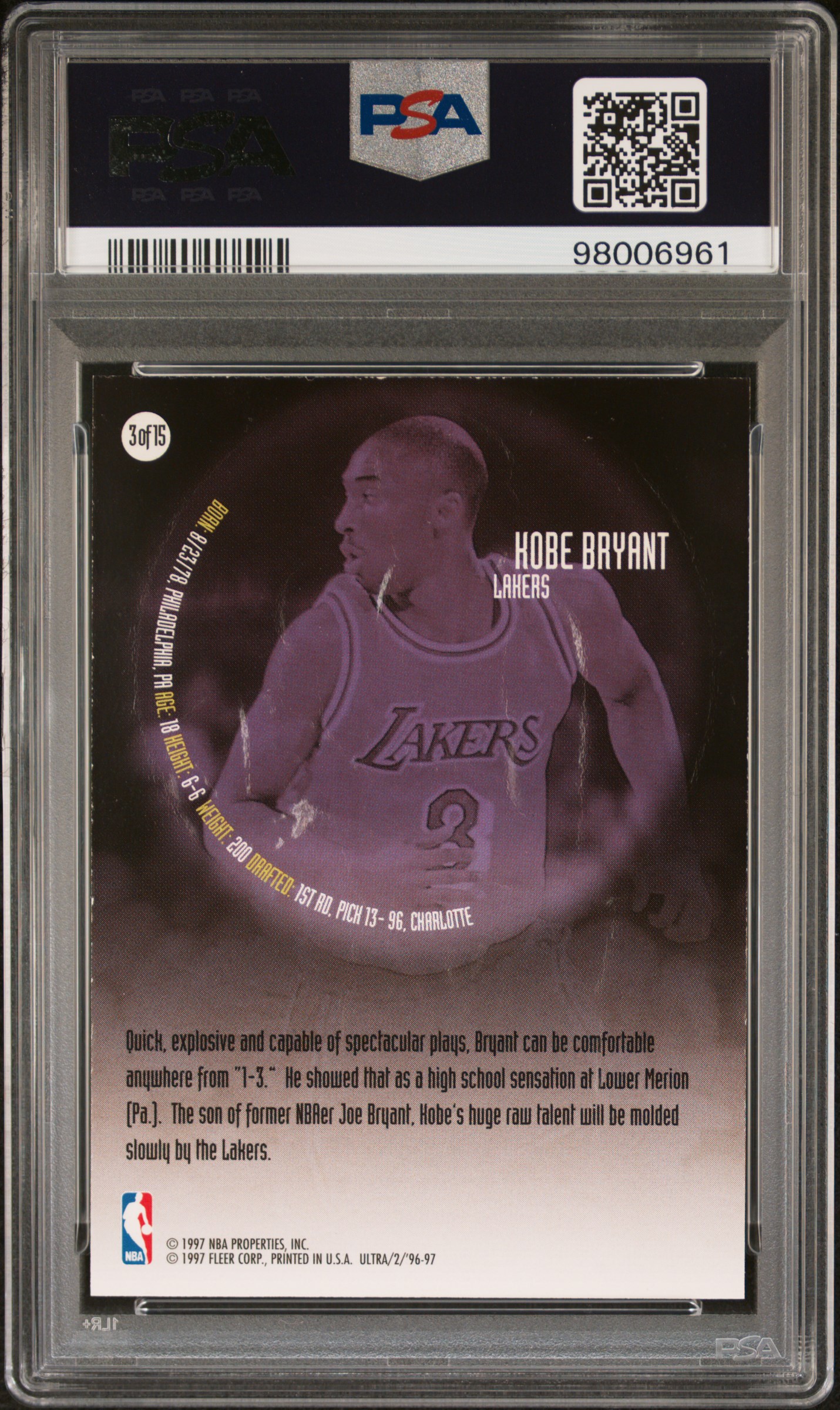 1996 Ultra All-Rookies Kobe Bryant #3 Nm 7 back