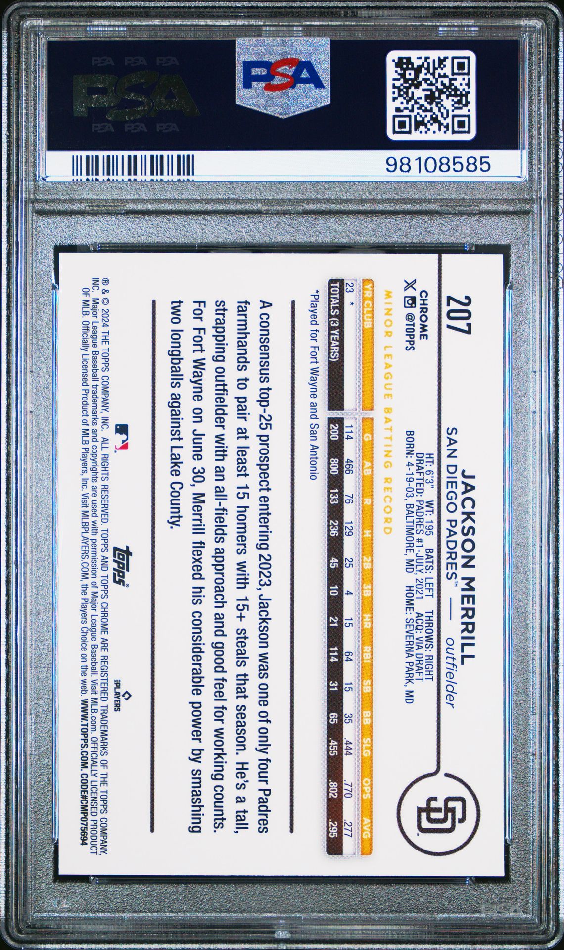2024 Topps Chrome Jackson Merrill #207 (Blue Wave) Gem Mt 10 back view - PSA certificate #98108585