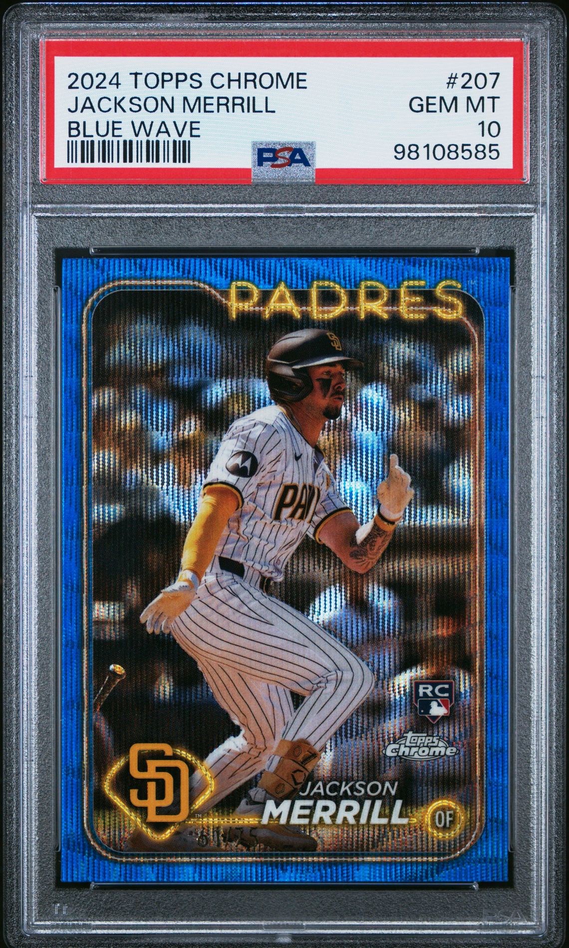 2024 Topps Chrome Jackson Merrill #207 (Blue Wave) Gem Mt 10 front view - PSA graded GEM MT 10