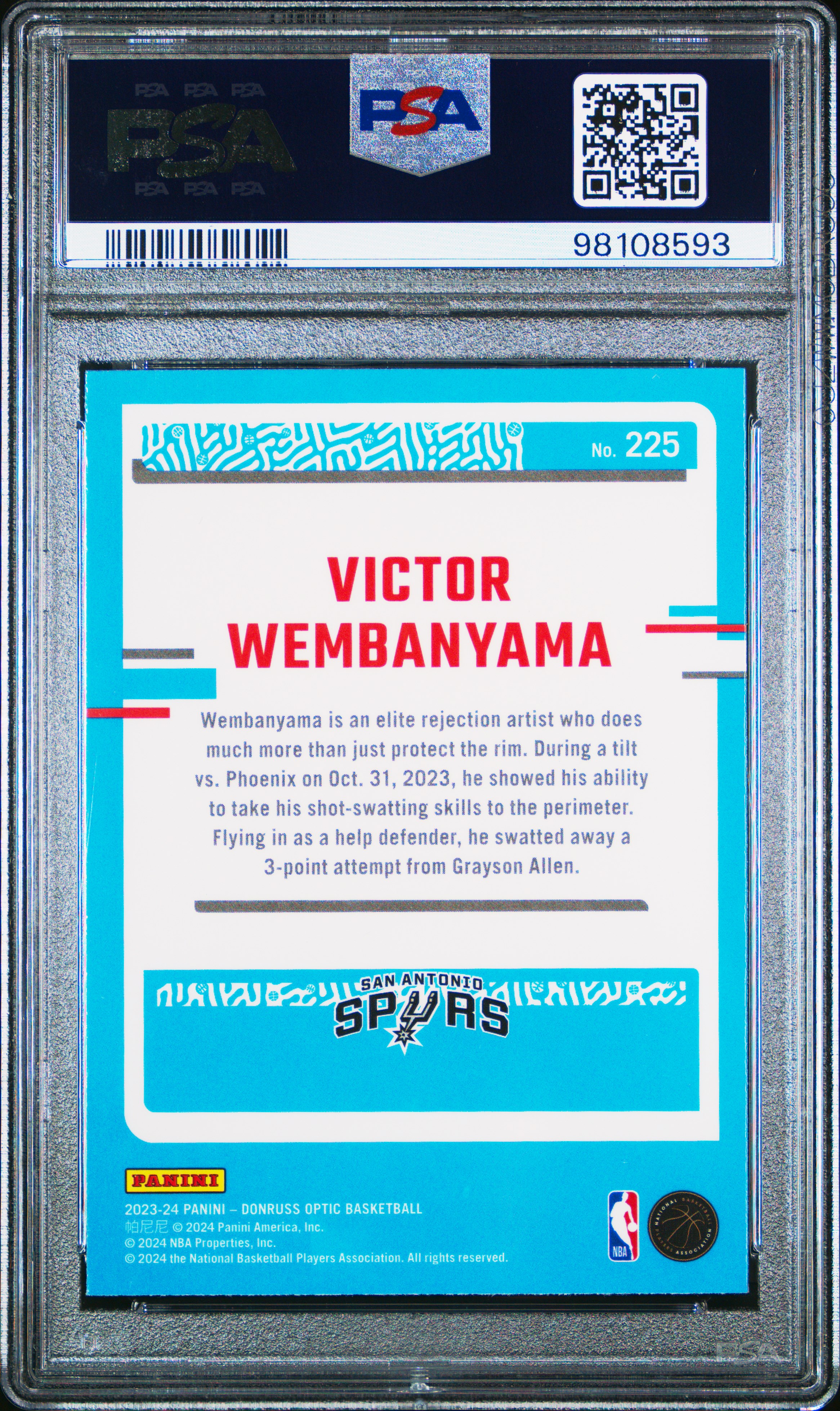 2023 Panini Donruss Optic Victor Wembanyama #225 Gem Mt 10 back