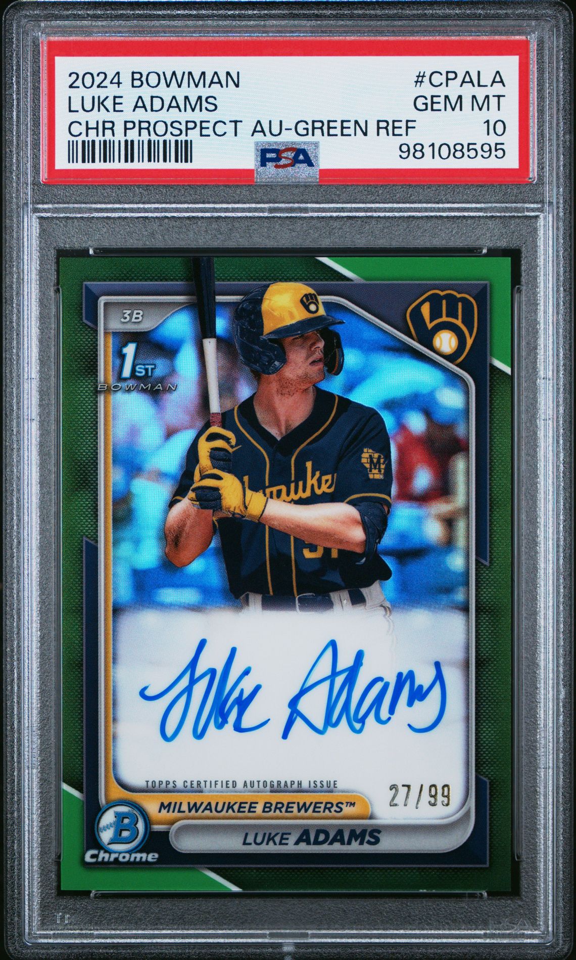 2024 Bowman Chrome Prospect Autographs Luke Adams #Cpala (Chr Prospect Au-Green Ref) Gem Mt 10 front view - PSA graded GEM MT 10