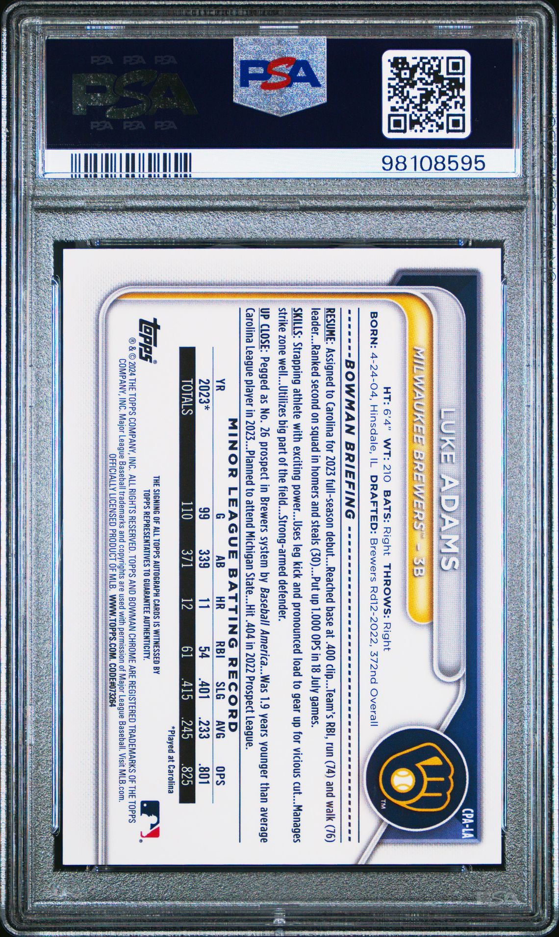 2024 Bowman Chrome Prospect Autographs Luke Adams #Cpala (Chr Prospect Au-Green Ref) Gem Mt 10 back view - PSA certificate #98108595