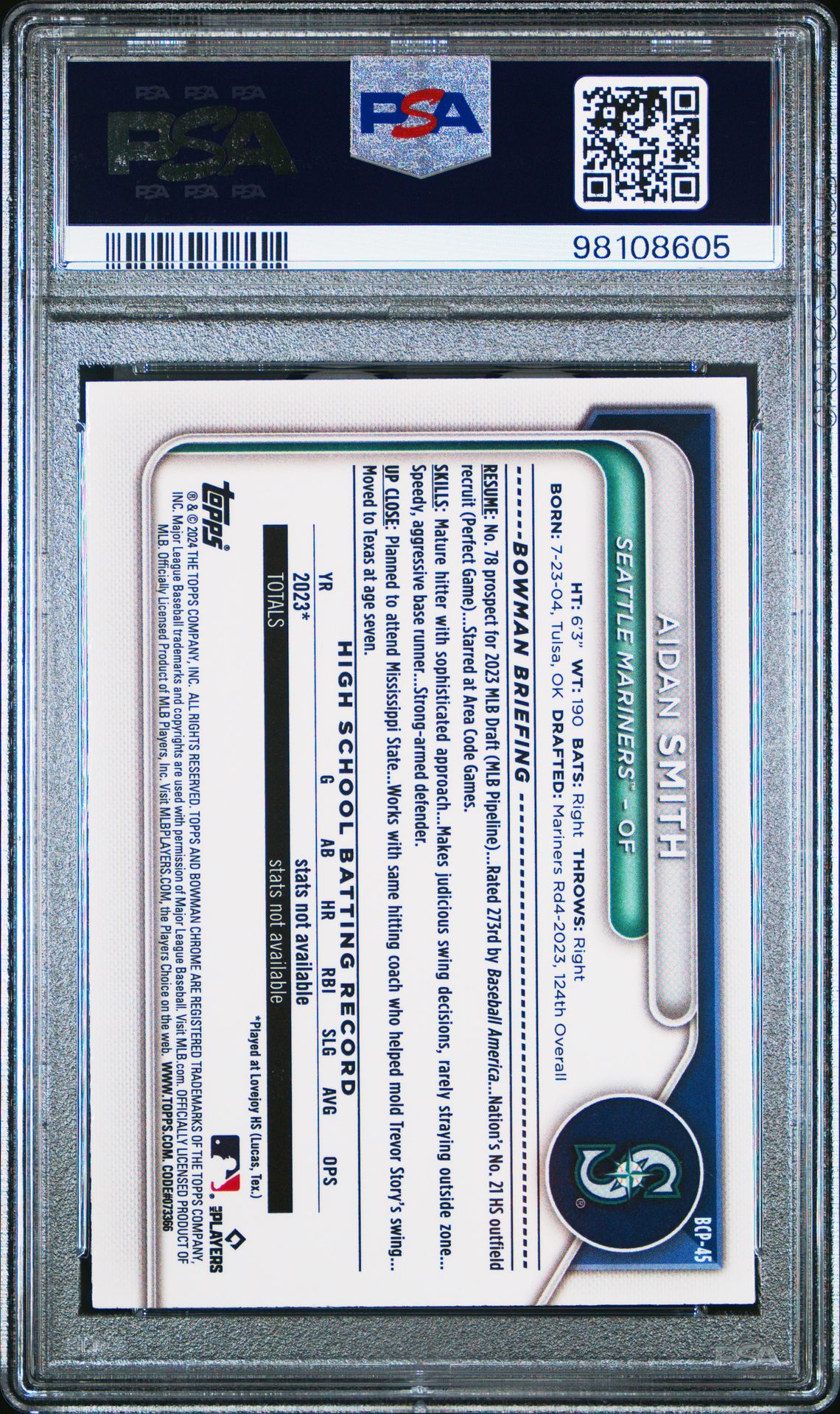 2024 Bowman Mega Box Chrome Prospects Aidan Smith #45 (Chrome-Prospects-Blue Ref) Gem Mt 10 back