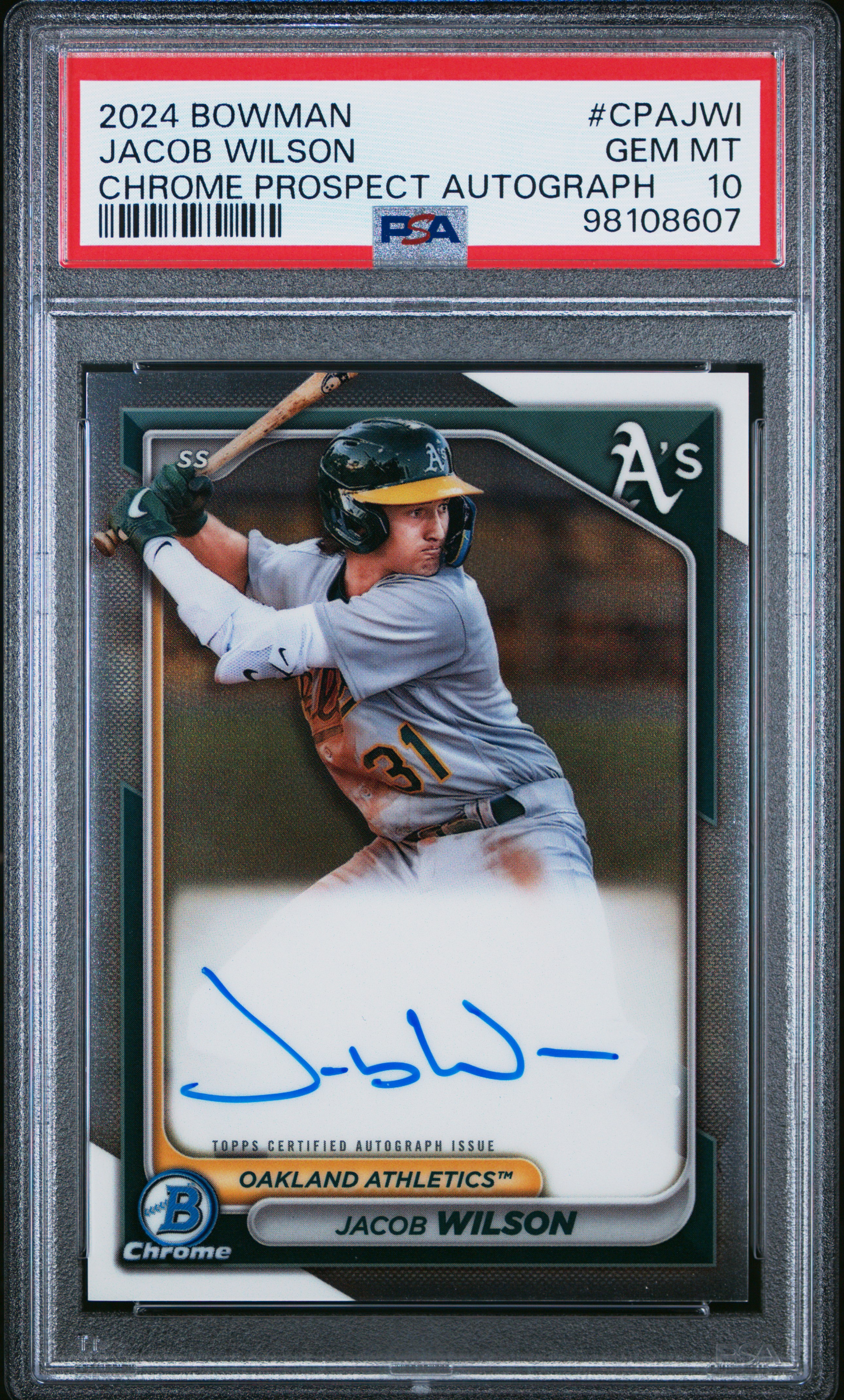 2024 Bowman Chrome Prospect Autographs Jacob Wilson #Cpajwi Gem Mt 10 front