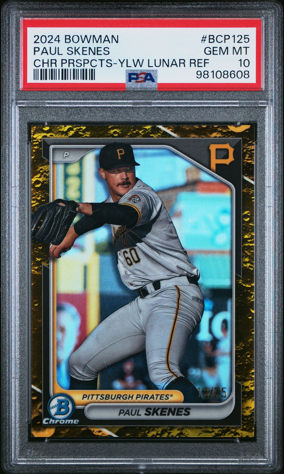 2024 Bowman Chrome Prospects Paul Skenes #Bcp125 (Chr Prspcts-Ylw Lunar Ref) Gem Mt 10 front view - PSA graded GEM MT 10