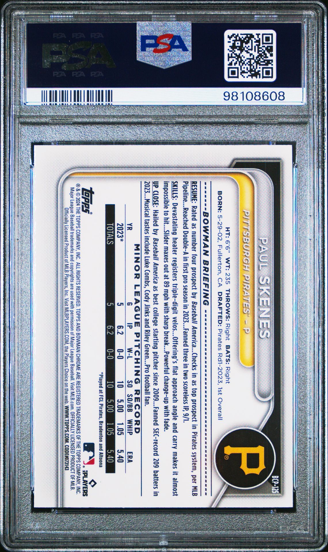2024 Bowman Chrome Prospects Paul Skenes #Bcp125 (Chr Prspcts-Ylw Lunar Ref) Gem Mt 10 back view - PSA certificate #98108608
