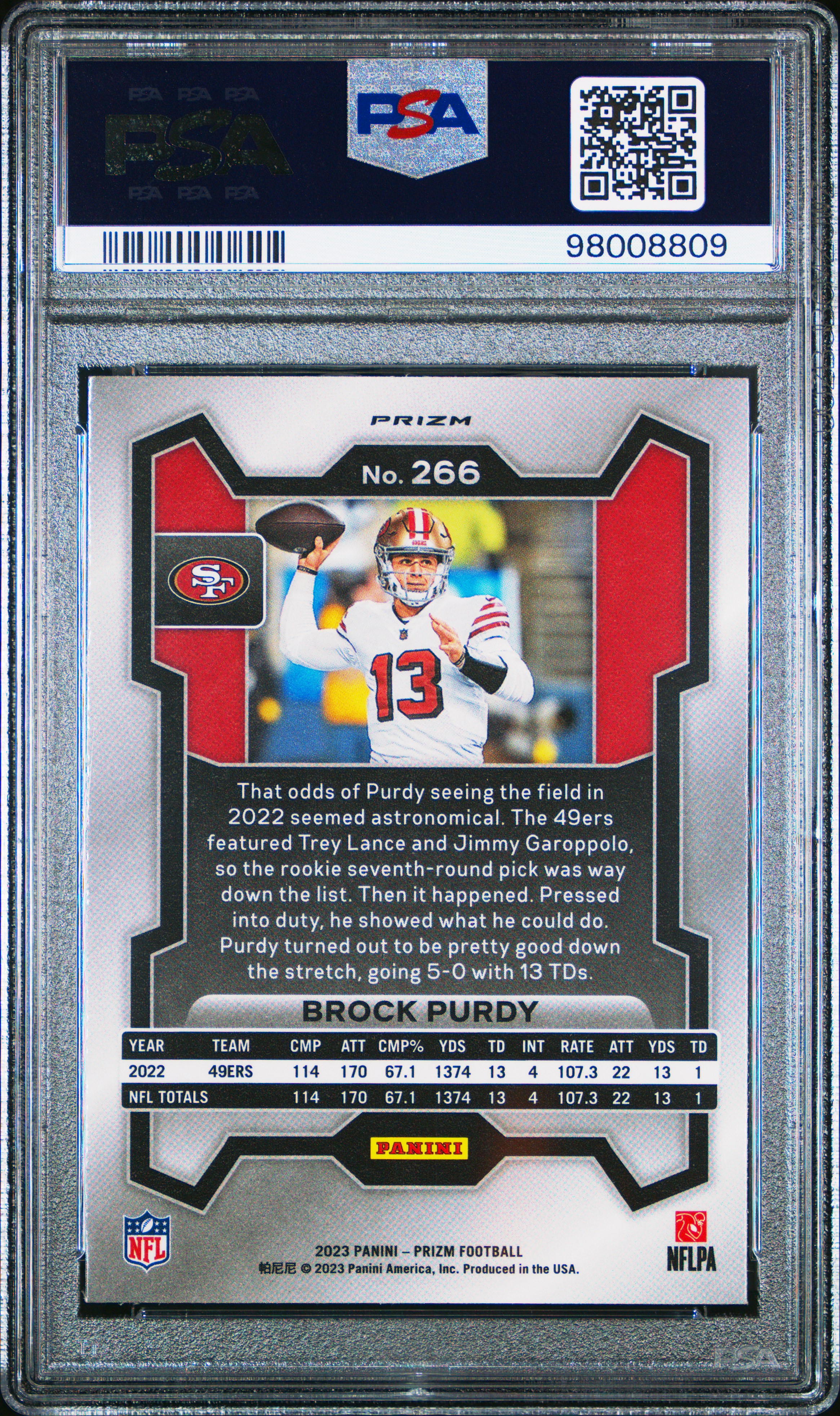 2023 Panini Prizm Brock Purdy #266 (Red/White/Blue Prizm) Mint 9 back