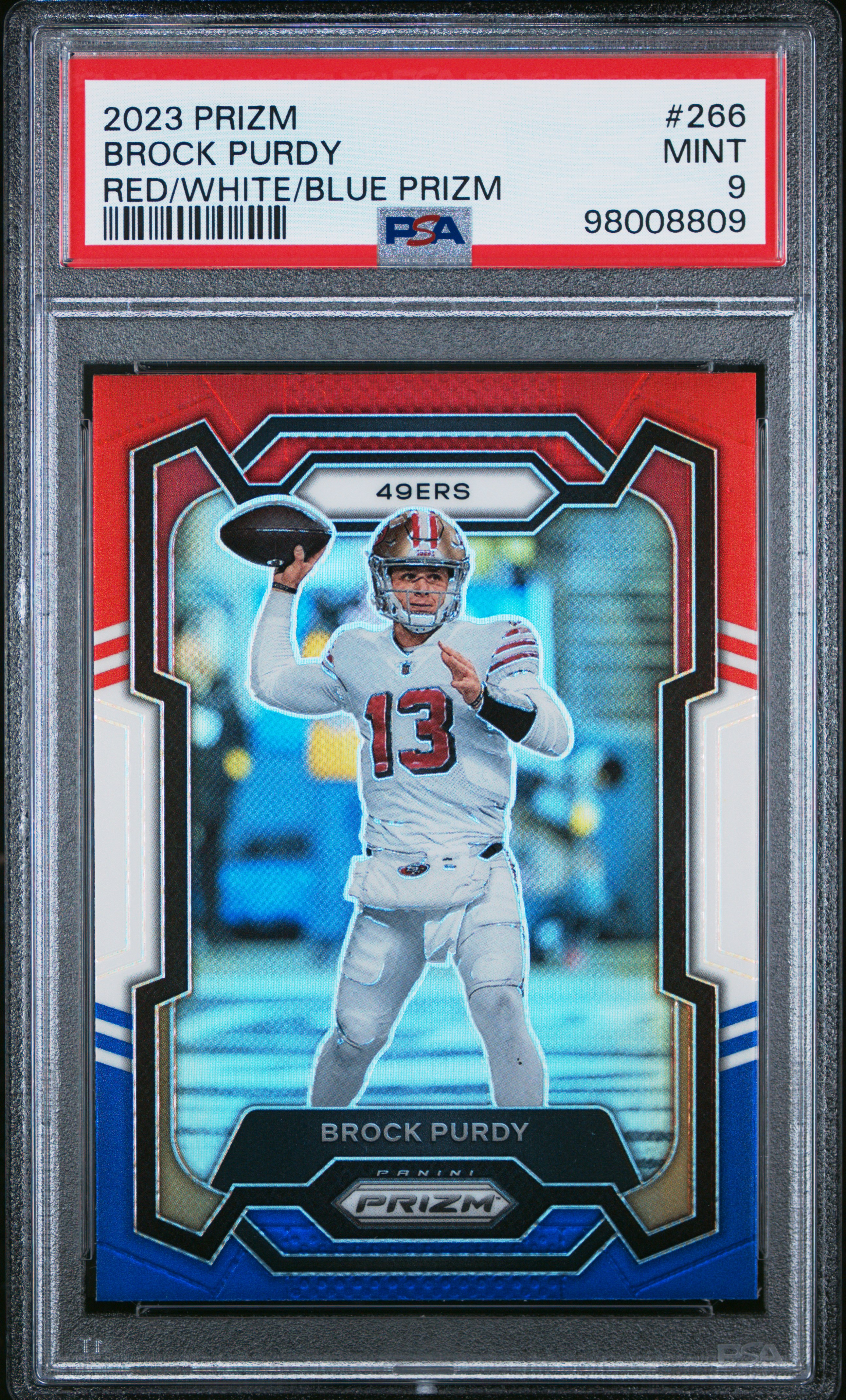 2023 Panini Prizm Brock Purdy #266 (Red/White/Blue Prizm) Mint 9 front