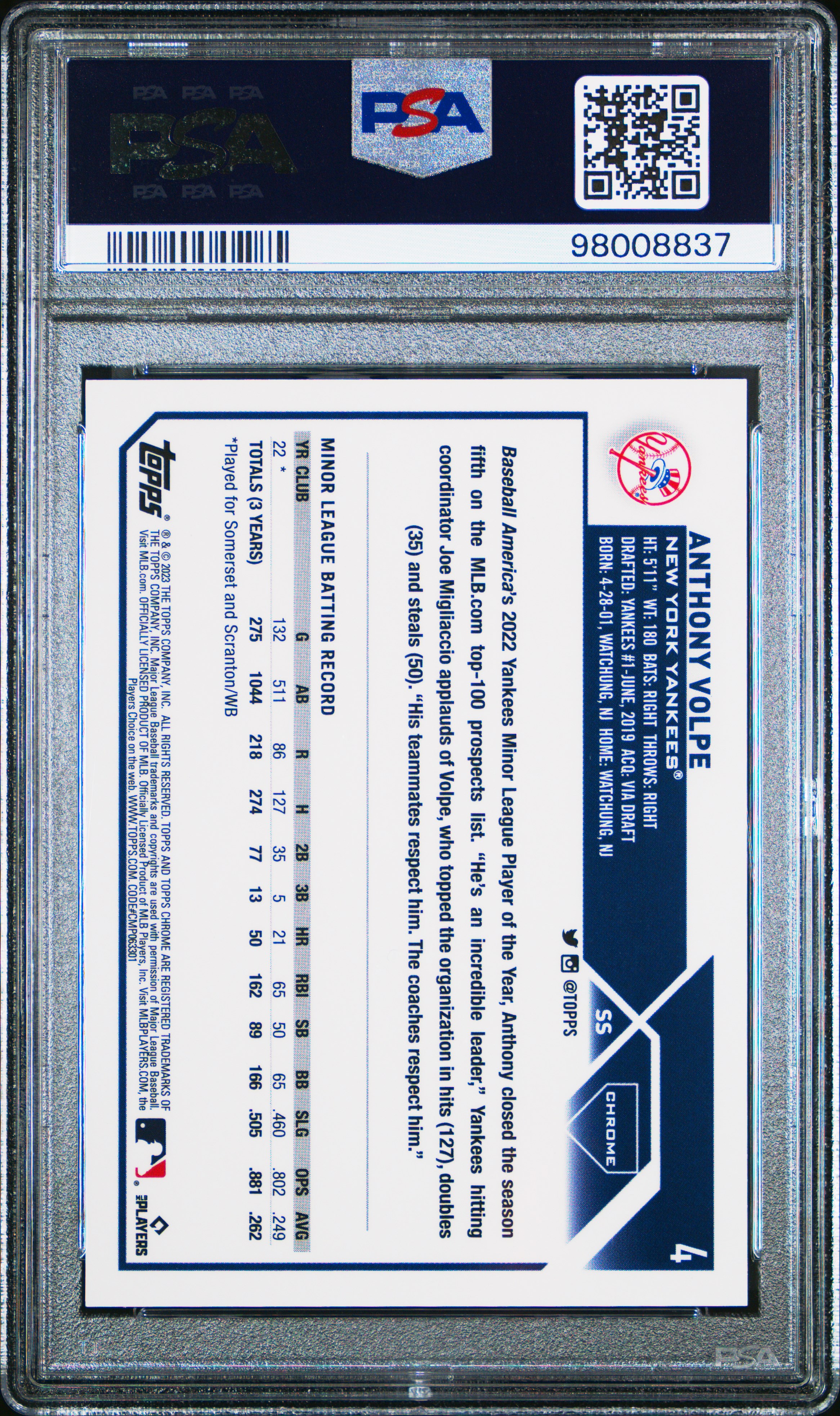 2023 Topps Chrome Logofractor Edition Anthony Volpe #4 (Sp) Gem Mt 10 back